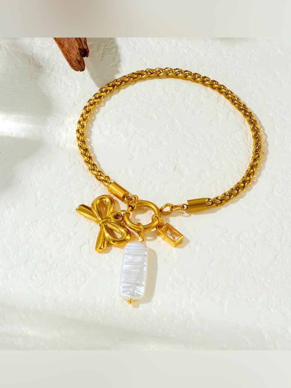 Gold Bow Charm Bracelet with Pearl Pendant - Women Jewelry